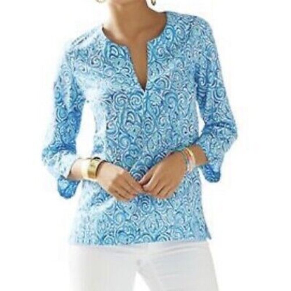 Lilly Pulitzer Amelia Island Blue White Chasing Tail Fish Small Tunic Blouse EUC - Picture 12 of 12